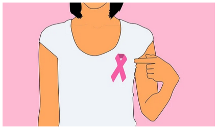 A imagem mostra o desenho de uma mulher usando o símbolo de conscientização do câncer de mama