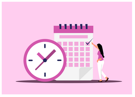 A imagem mostra o desenho de um relógio, um calendário com uma mulher apontando para ele