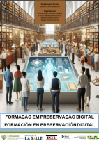 Capa do livro com várias pessoas observando um painel digital, dentro de uma biblioteca